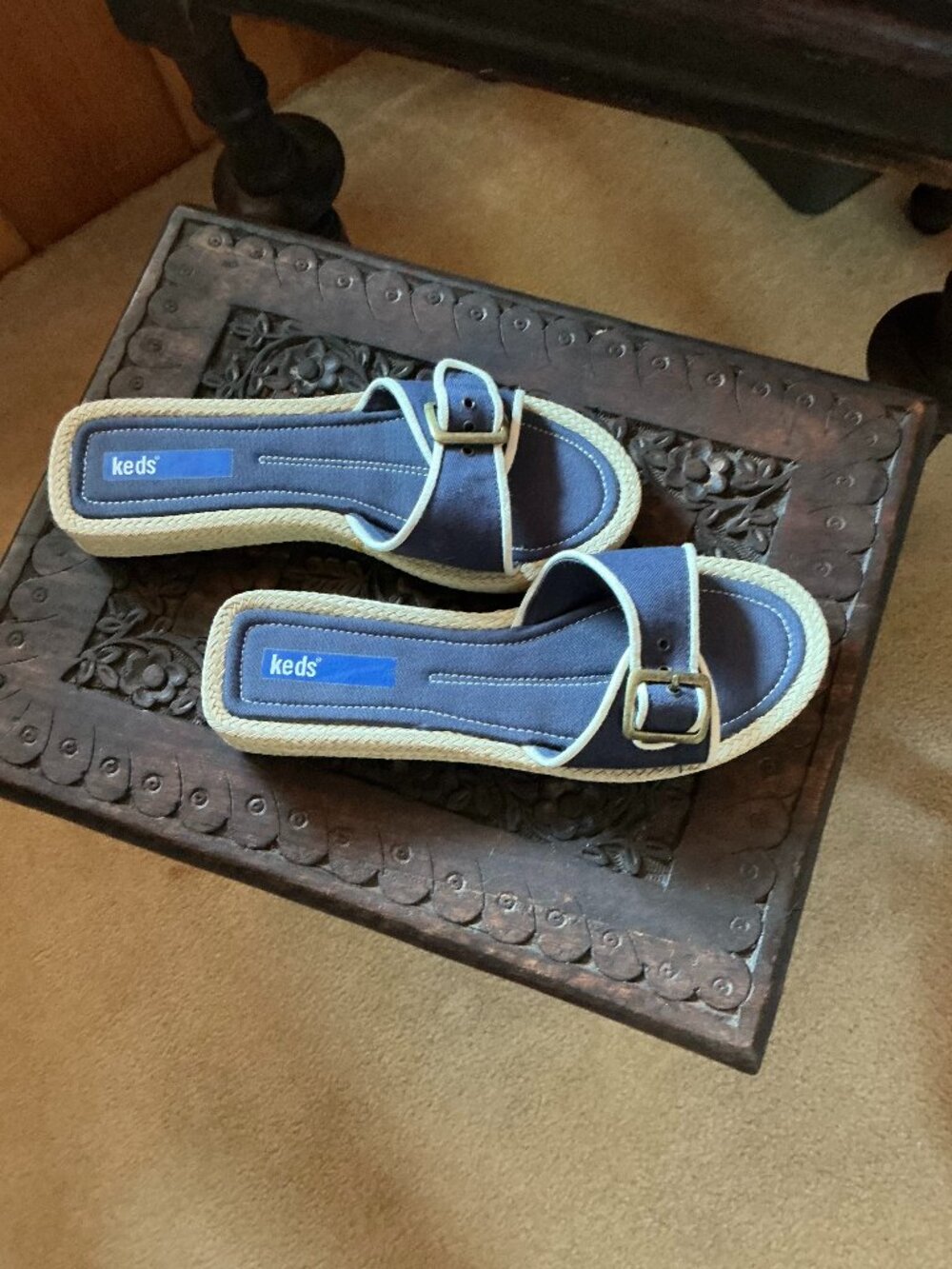 KEDS Navy & Cream Nautical Espadrille Slide Sandals – 7